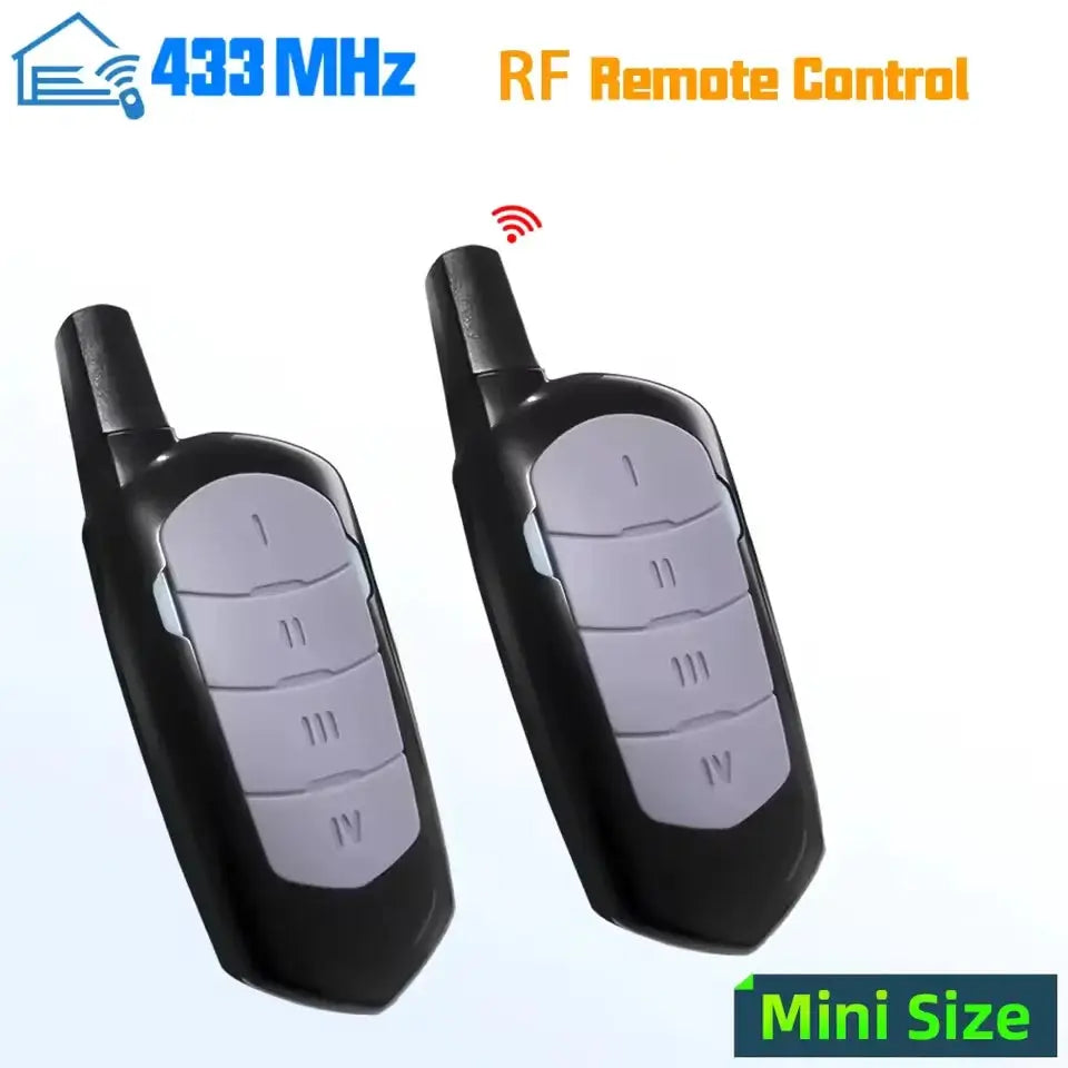 Garage remote control duplicator by Simples Market, mini-size 433 MHz RF remotes (two black units with gray buttons)