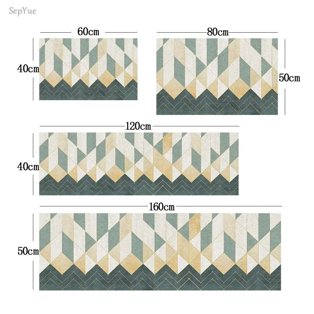 Non-slip kitchen mat set of 4 with geometric crystal velvet pattern in blue and beige tones by Simples Market