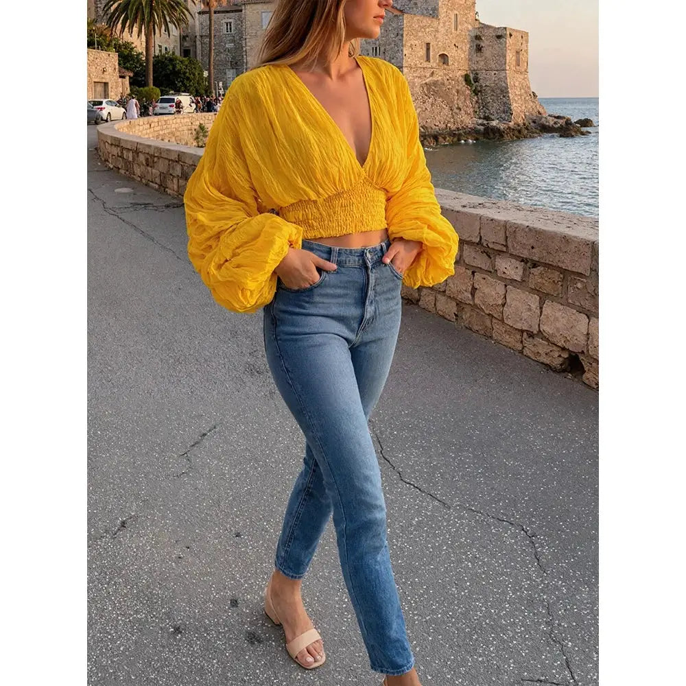 Chiffon blouse, yellow, V-neck with puff sleeves and cropped smocked waist