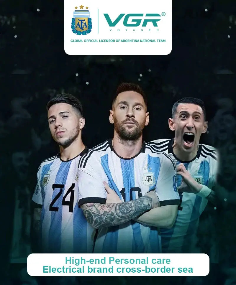 VGR 363 Razor Electric Shaver by Simples Market — promotional banner with Argentina football players