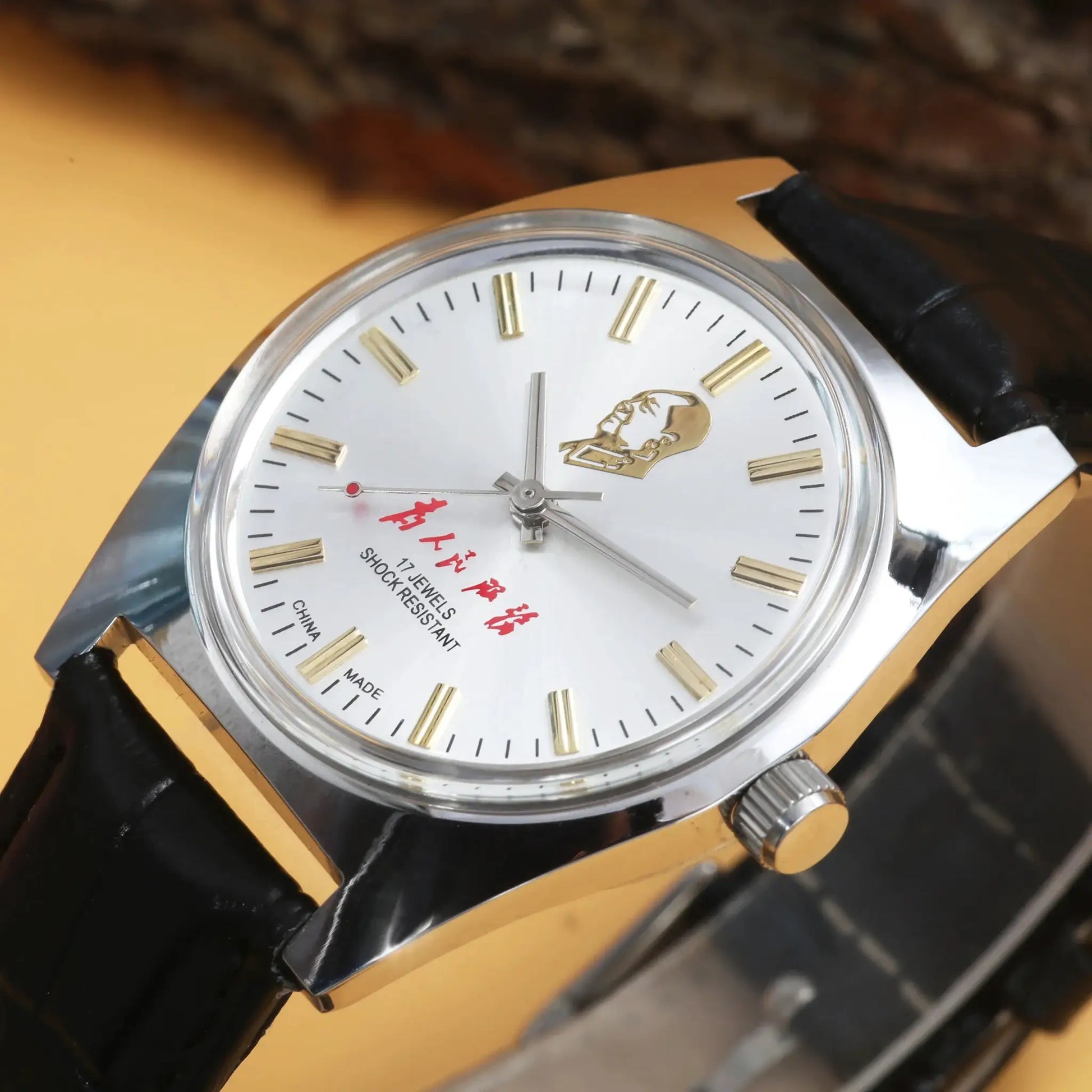Simples Market 7120 hand-wind mechanical watch, 36mm, white dial with gold baton markers, black leather strap