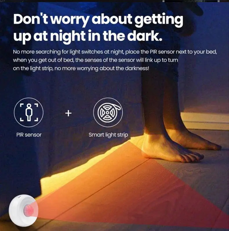 Simples Market Tuya WiFi PIR motion sensor; white round device with red lens beside smart light strip icon.