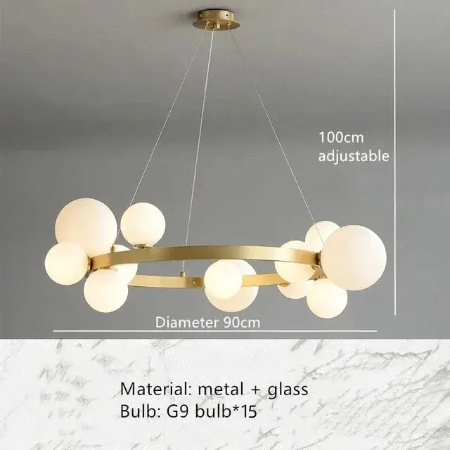 Simple chandelier with gold ring and white glass globes; 15 G9 bulbs, 90cm dia, 100cm adjustable cord, Simples Market
