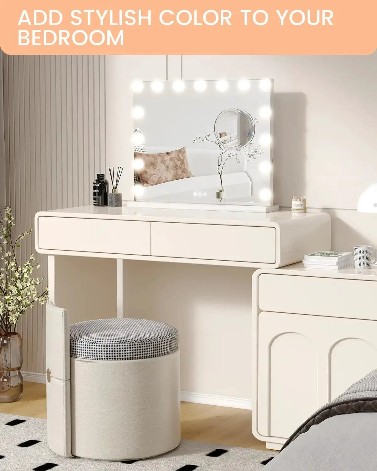 Simples Market vanity mirror with adjustable LED lights, 3x magnification, touch controls, 3 color modes on white vanity