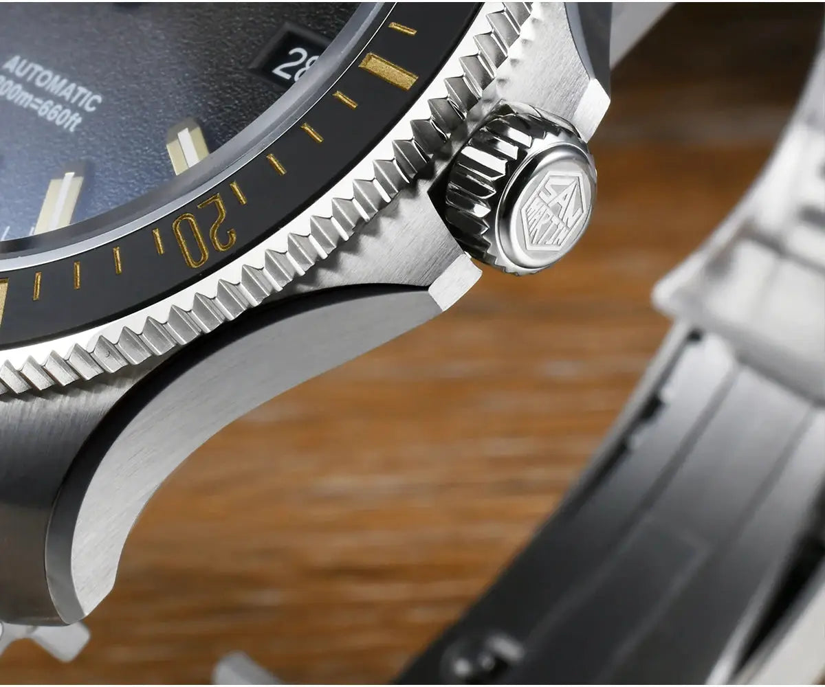 San Martin 40mm dive watch; stainless steel case, black bezel with gold numerals.