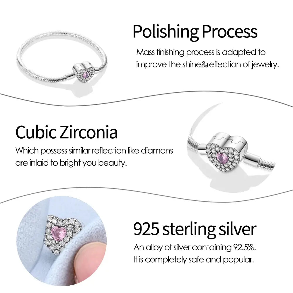 S925 Silver Plated Peach Heart Zircon Bracelet For Women Fit DIY Charms Beads Birthday Jewelry