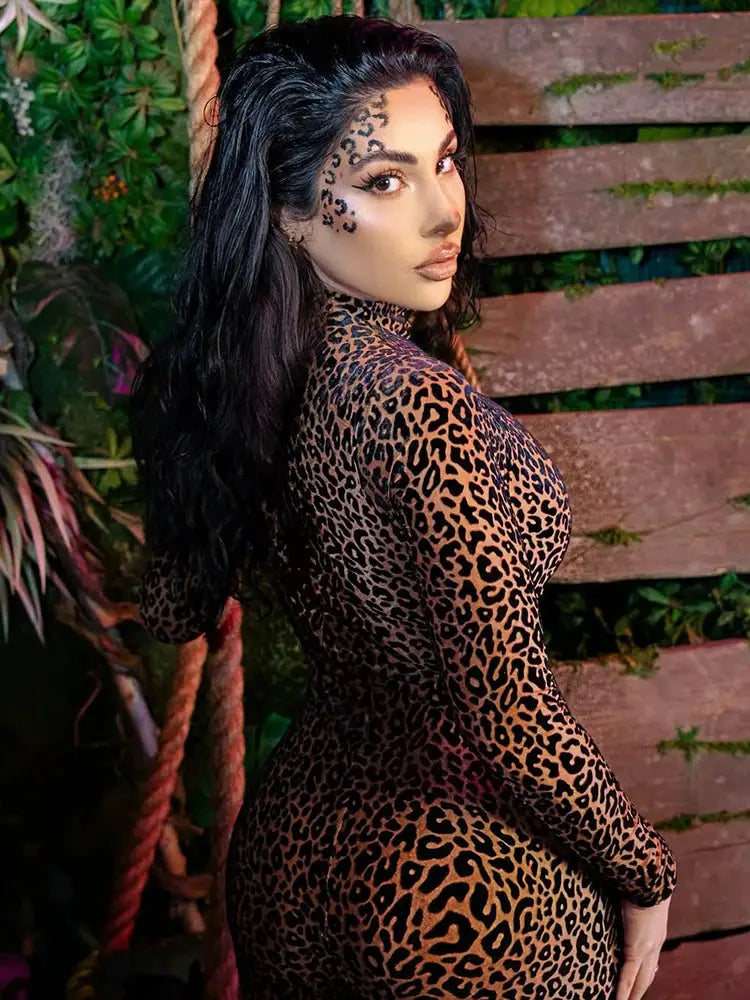 Nibber see-through leopard mesh jumpsuit for women, midnight stretch fabric