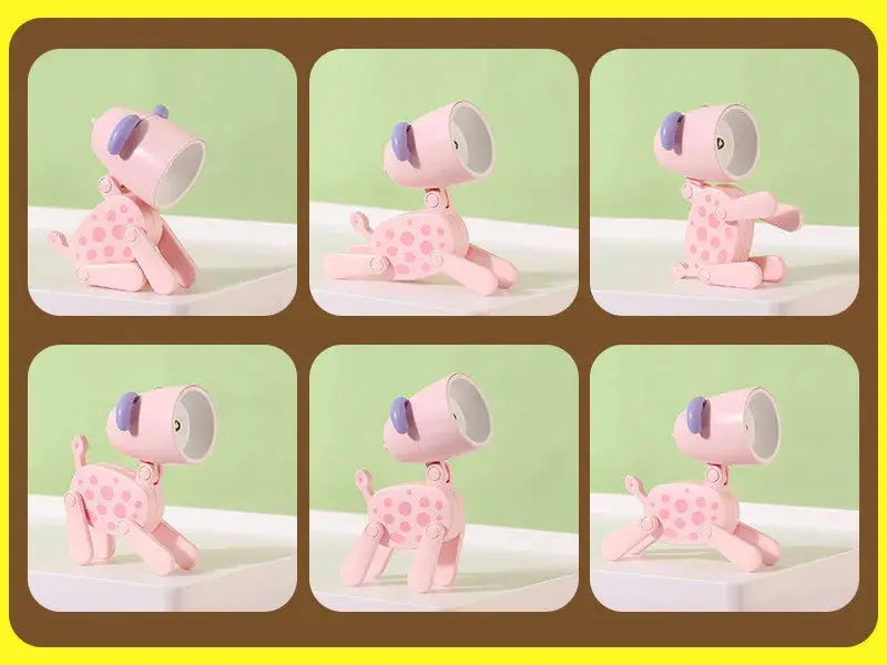 Pink animal-shaped mini LED night light with folding, adjustable head and polka-dot body.
