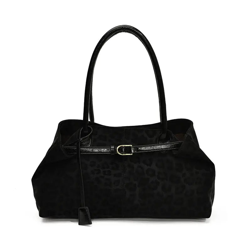 Leopard print PU leather bag by Simples Market, black tote with gold-tone buckle
