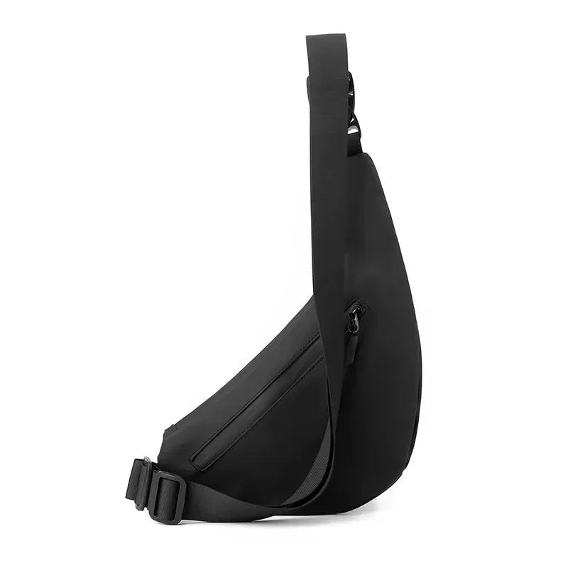 Simples Market sling chest bag, compact black crossbody bag with front zip pocket and adjustable strap