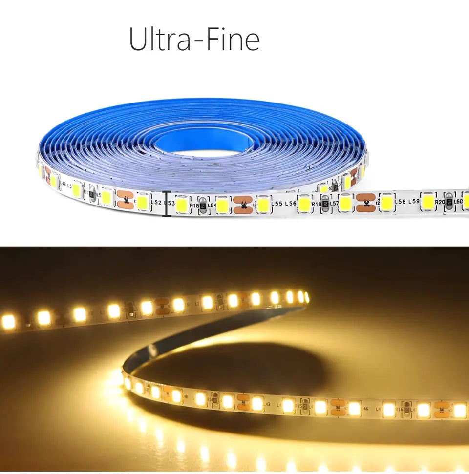 Dupont LED strip light, high-density COB/2835SMD, 12V DC flexible tape with warm-white LEDs for closet shelves.