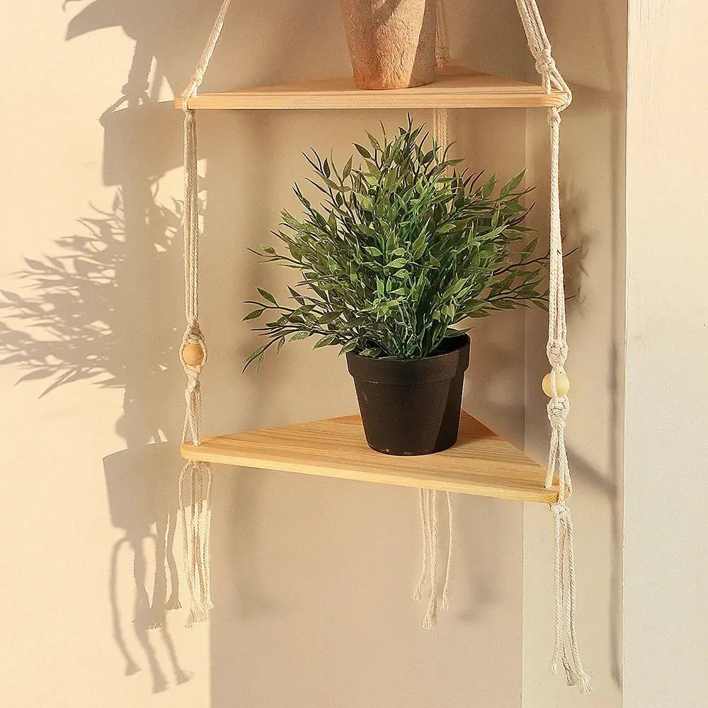 1/2/3-tier wooden hanging wall shelf with rope for triangle corner display in boho home decor
