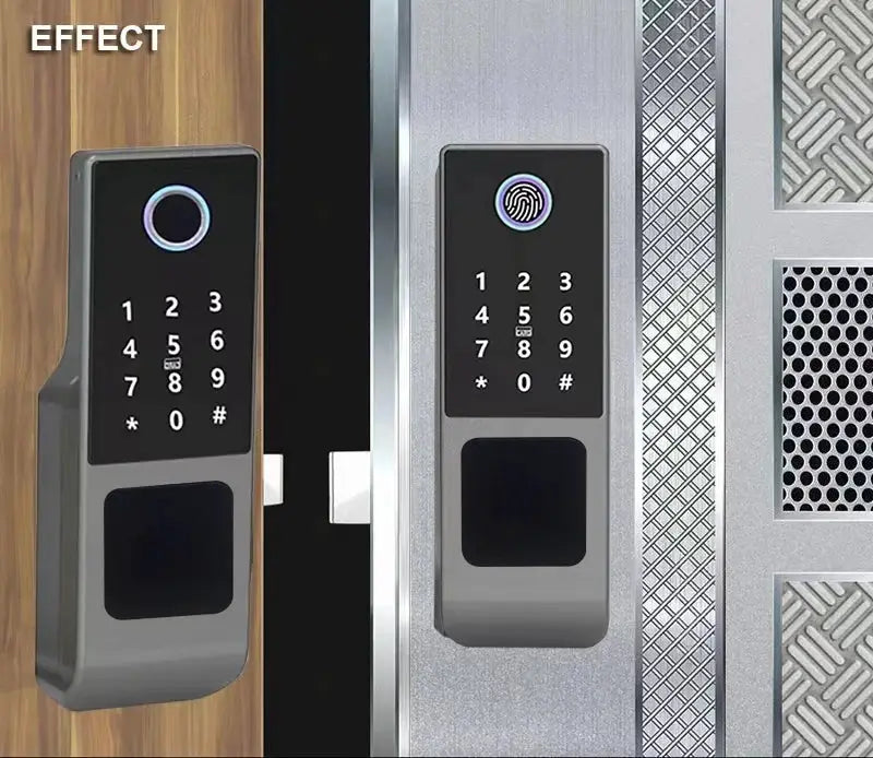 Fingerprint smart door lock with keypad and fingerprint scanner, silver and black finish on two doors