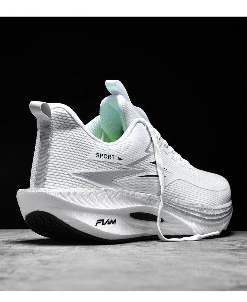 Men's white running shoes with air-cushion sole, breathable upper, FYM logo