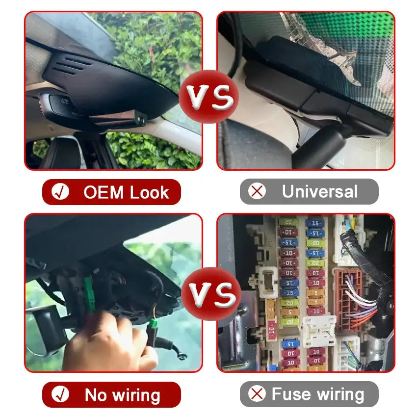 Simples Market 4K dash cam for Volvo/Polestar; four-panel OEM look vs universal, no wiring vs fuse wiring collage.