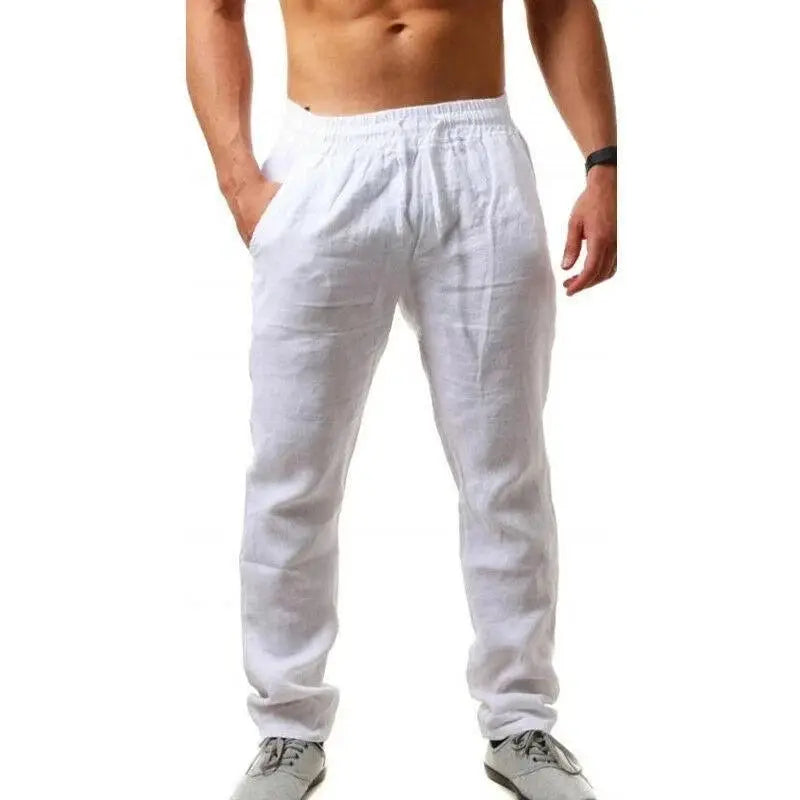 Men's white linen wide-leg pants with elastic waist, Simples Market casual streetwear joggers