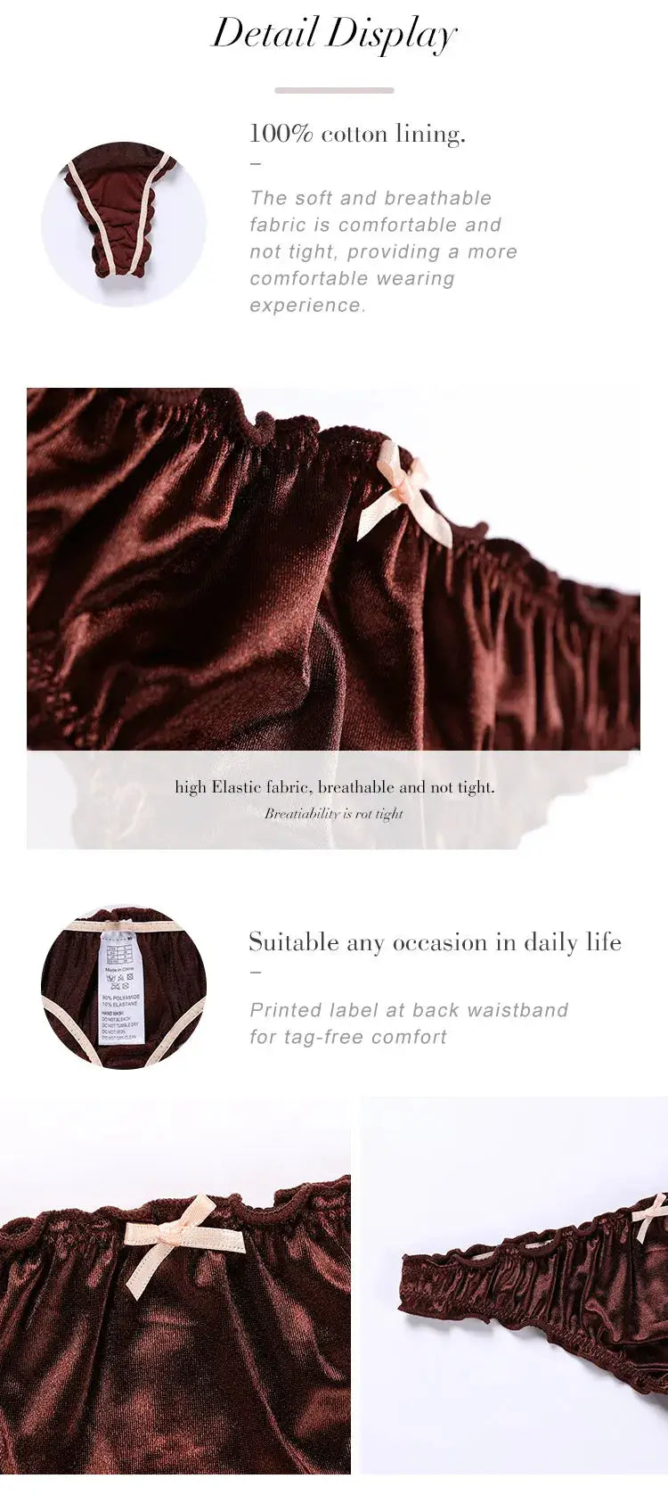 Panties by Simples Market: burgundy satin ice-silk with frill trim and bow, seamless no-show briefs
