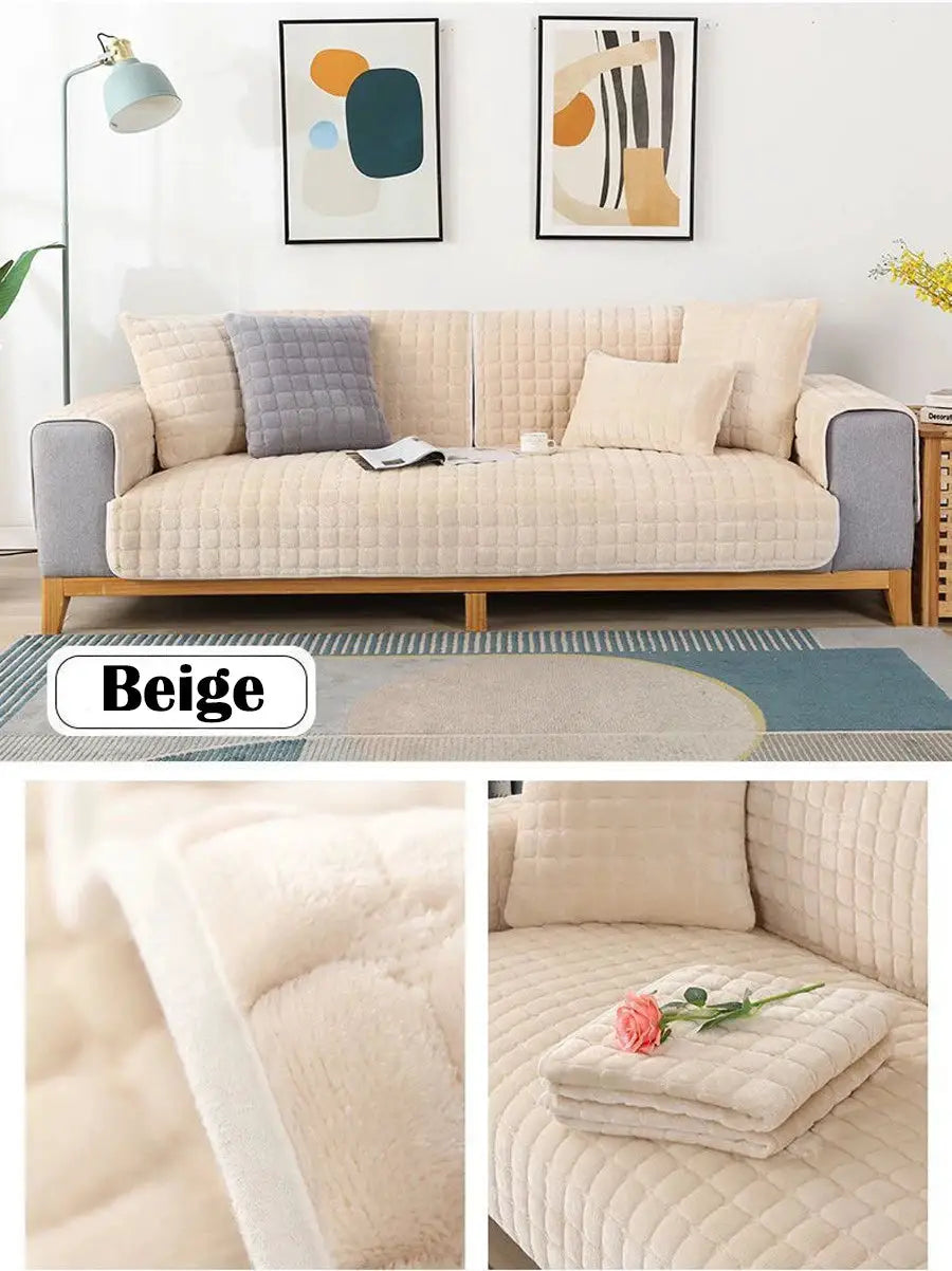 Velvet sofa cover beige plaid; plush non-slip thickened fabric with cushions