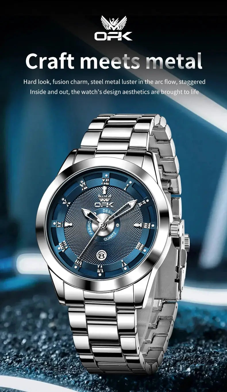OPK stainless steel men's watch with blue textured dial and metal bracelet