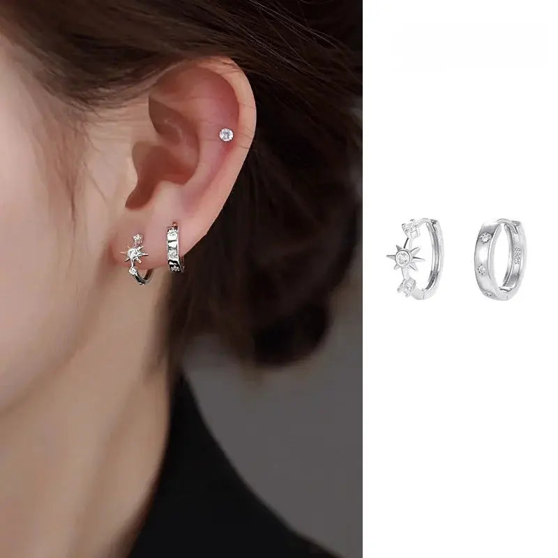 Sterling Silver Zircon Star Asymmetry Hoop Earrings by Simples Market, set of 2 pairs