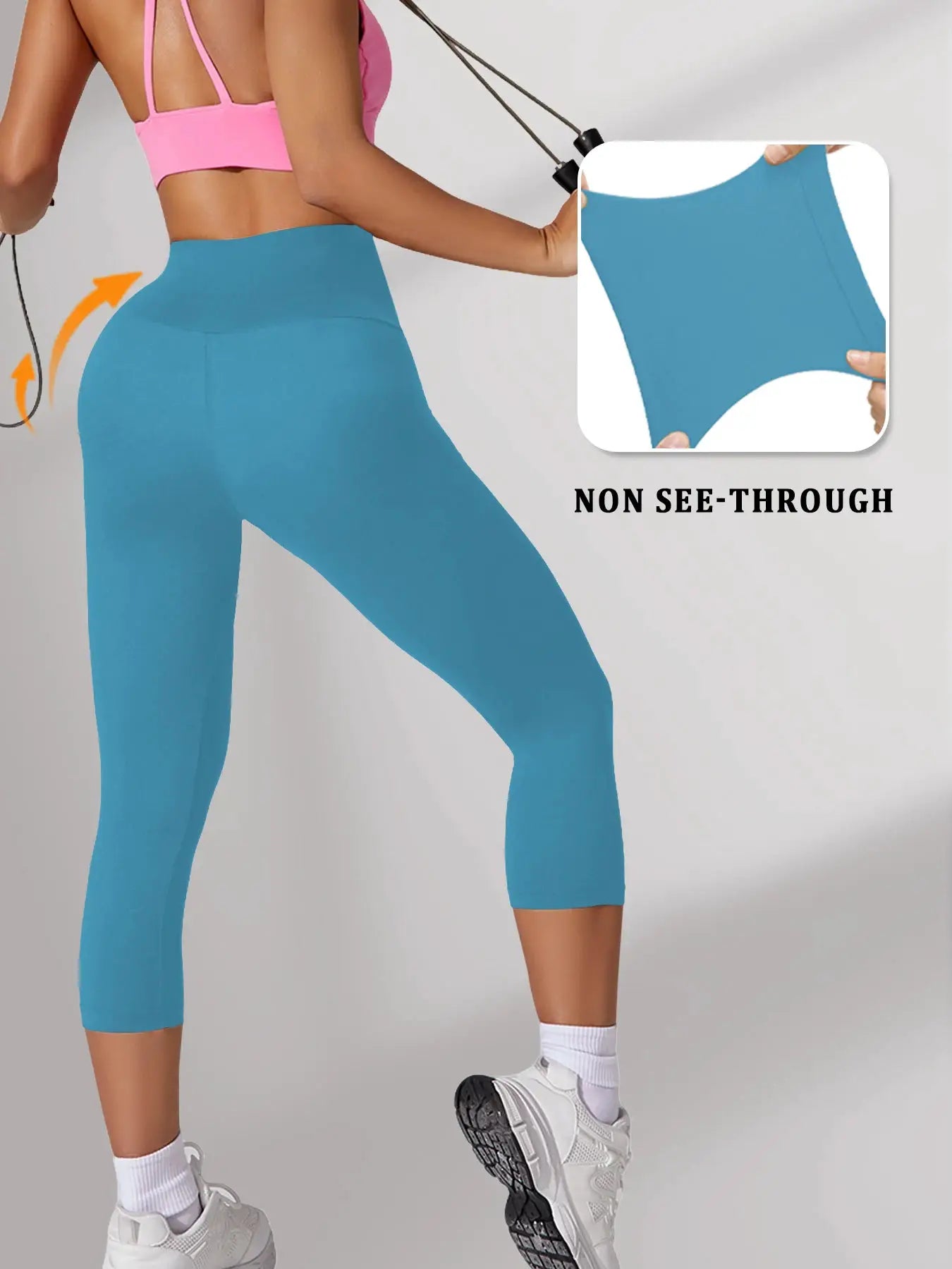 Women’s high-waisted blue Capri leggings with tummy control and no-see-through fabric for yoga and workouts
