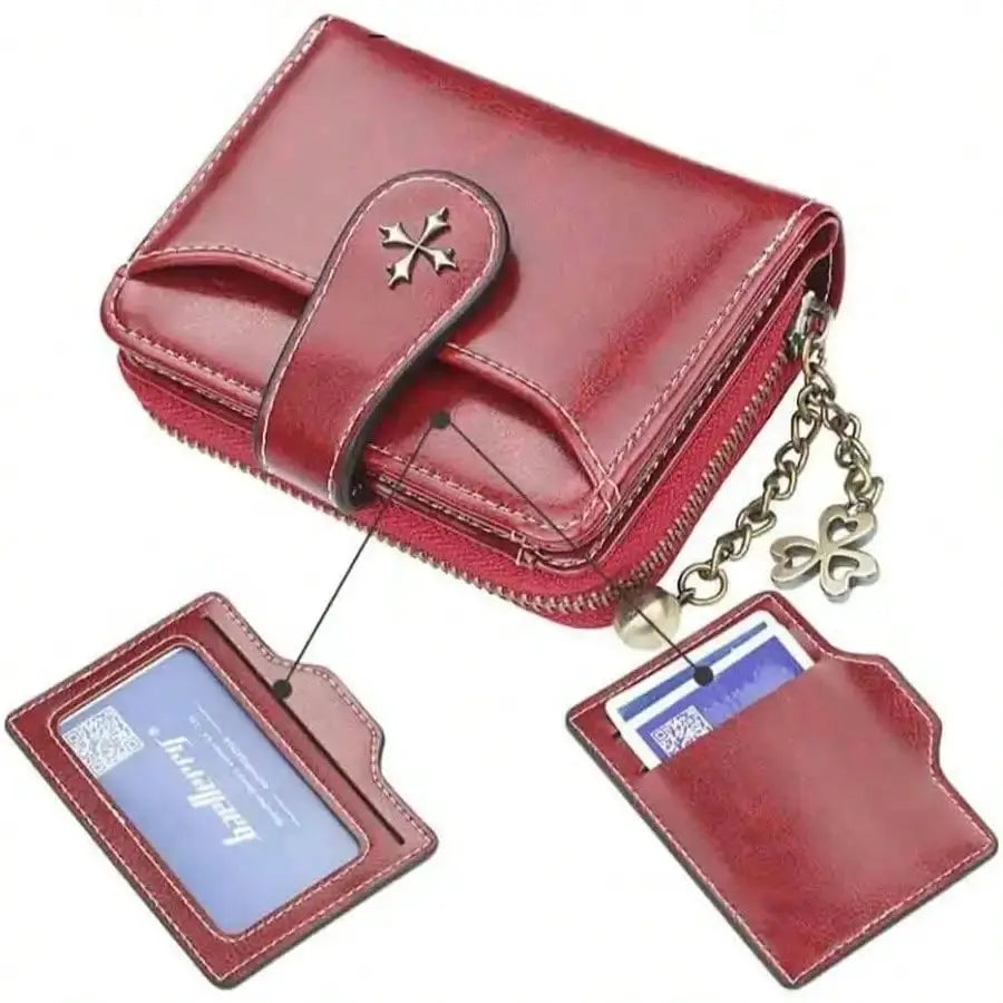 Women's retro mini red leather wallet with zipper, double-fold design, and chain; includes two cardholders.