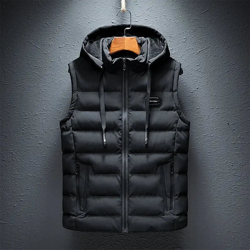 Men's black hooded puffer vest by Simples Market with zip front and side pockets