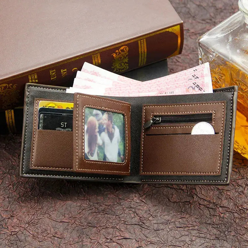 Men's brown and black leather slim wallet with photo ID window, card slots, and coin zipper pocket