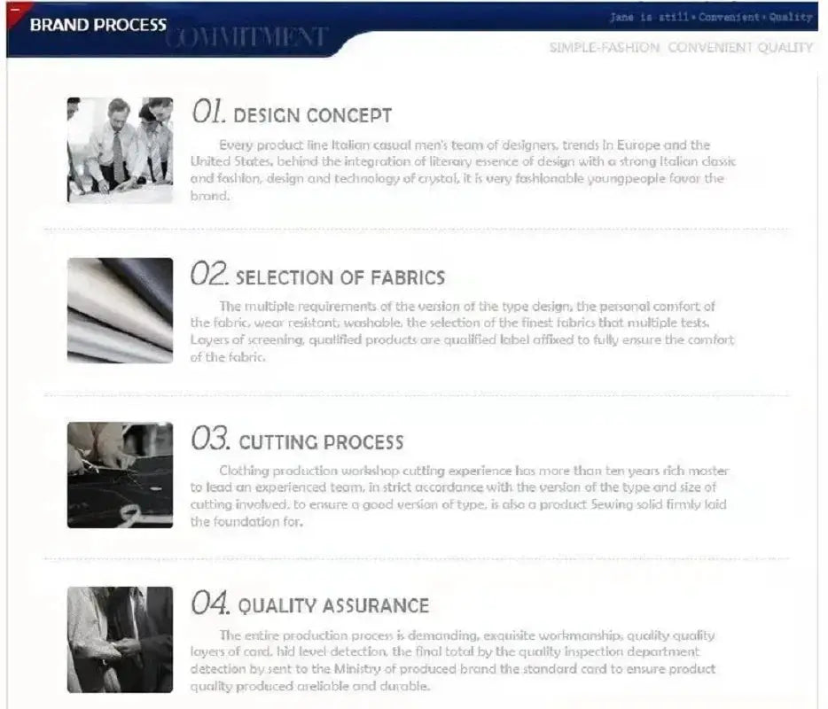 Brand process infographic showing design concept, fabric selection, cutting, and quality assurance steps.