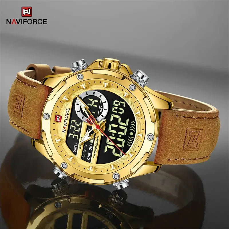 NAVIFORCE men's gold-tone luxury chronograph watch with beige leather strap and digital-analog display