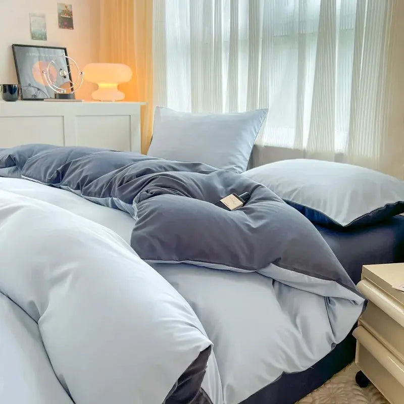4-piece duvet cover bedding set in solid blue-gray brush fabric with pillowcases and sheet for queen/king beds