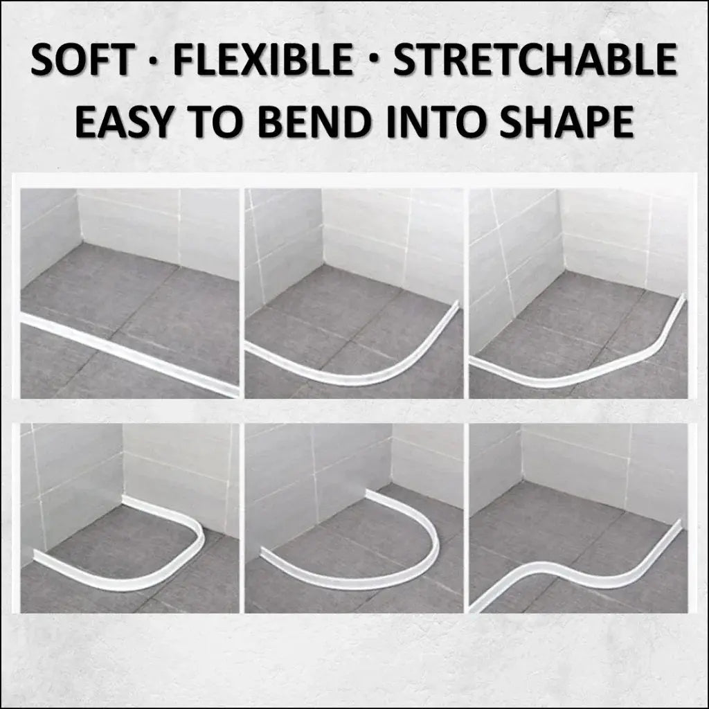 Simples Market bathroom silicone bendable water-retaining strip for showers; flexible white barrier.