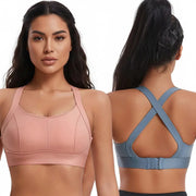 Women two-color high-impact sports bra with padded cups and criss-cross back, pink front and blue back.