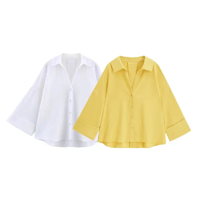 Women's casual loose shirts in white and yellow, collar-button design with wide sleeves by Simples Market (2-pack)