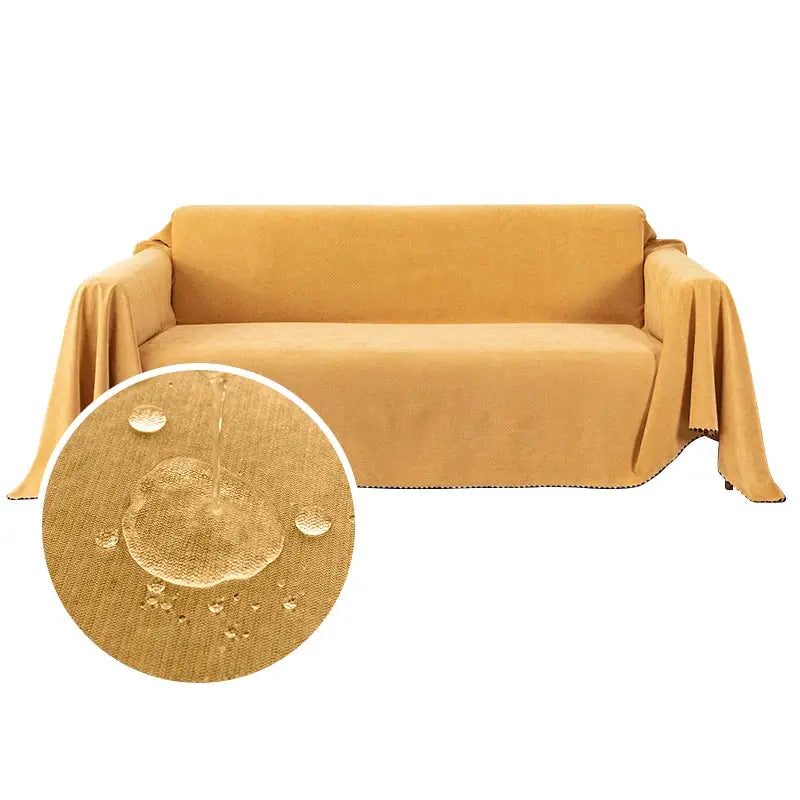 Waterproof sofa cover in solid mustard color draped over a sofa; close-up shows water beading on fabric.