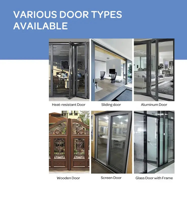 Smart door lock collage showing six door types: heat-resistant, sliding, aluminum, wooden, screen, and glass doors