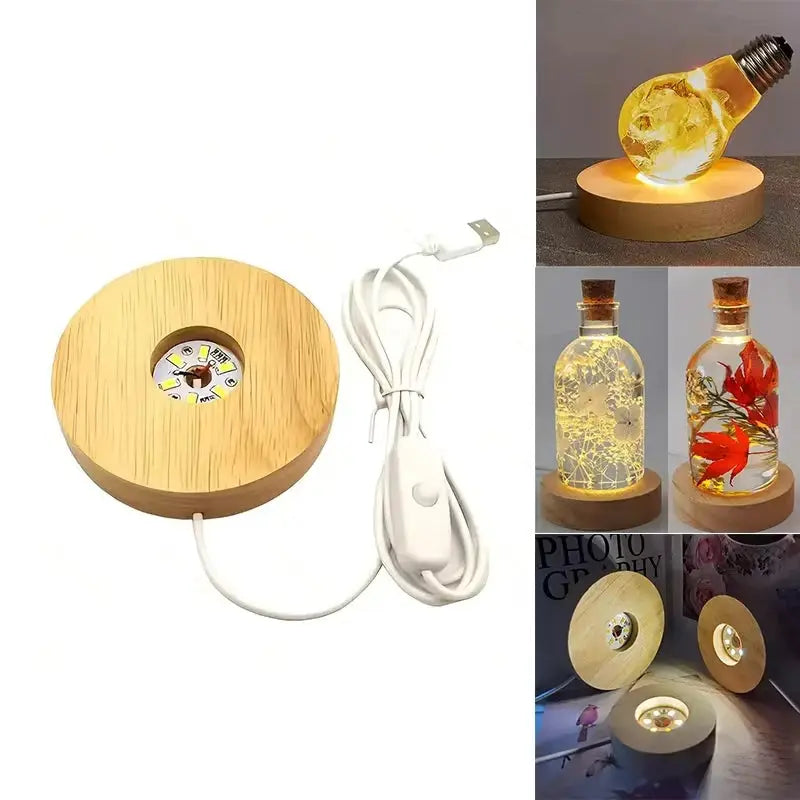 Wooden USB LED Display Base Night Light for Desk Art Decor Stand Lamp Holder Ornament