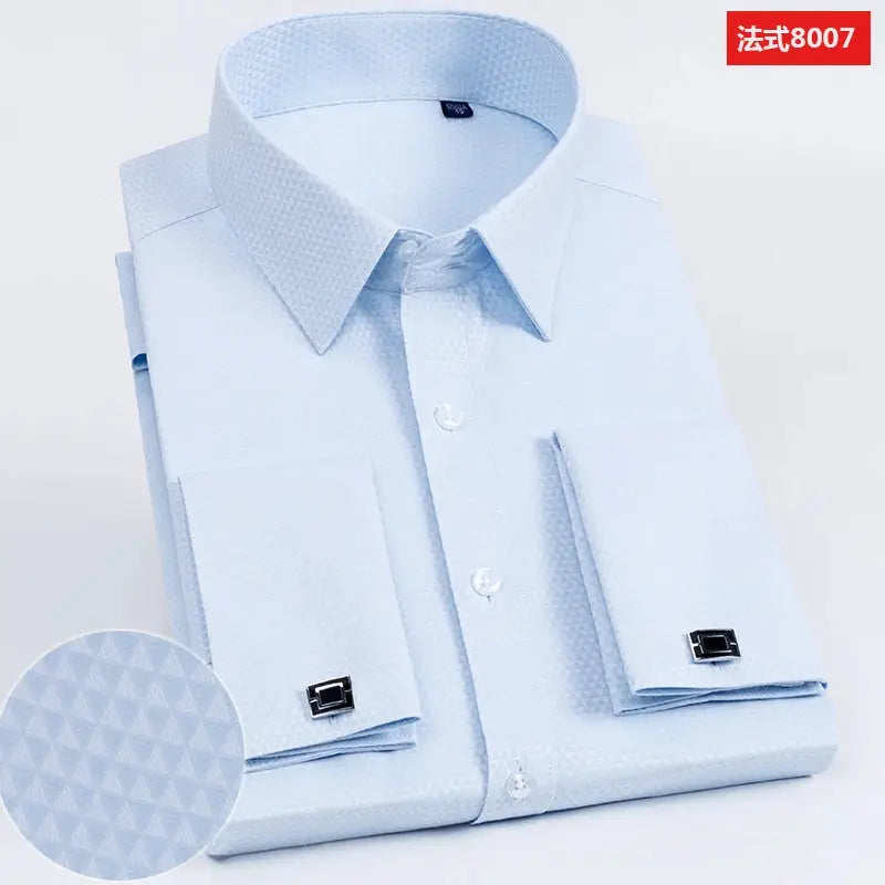 Men's light-blue textured dress shirt by Simples Market with French cuffs and cufflinks
