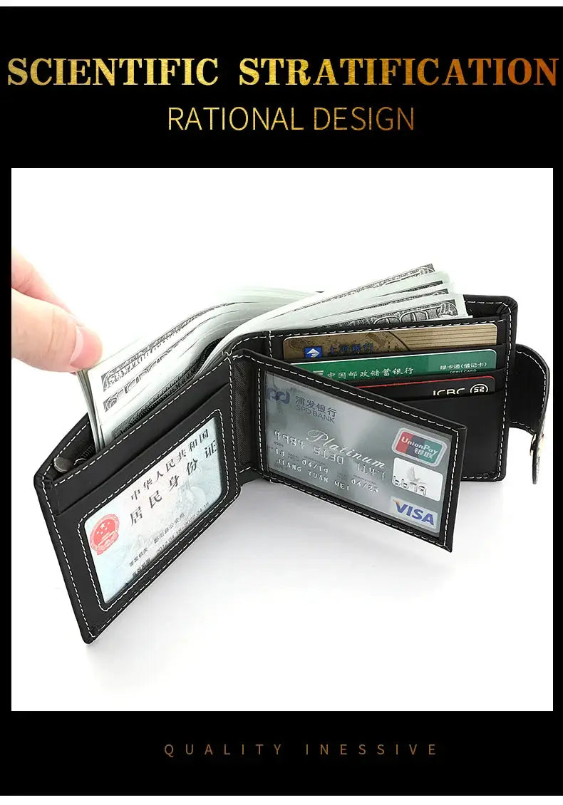 Men's black PU leather folding wallet with multiple card slots and cash compartments