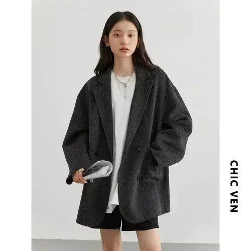 Chic Ven Womens Woolen Coat Loose Casual Fit Retro Double Breasted Outerwear For Autumn And Winter