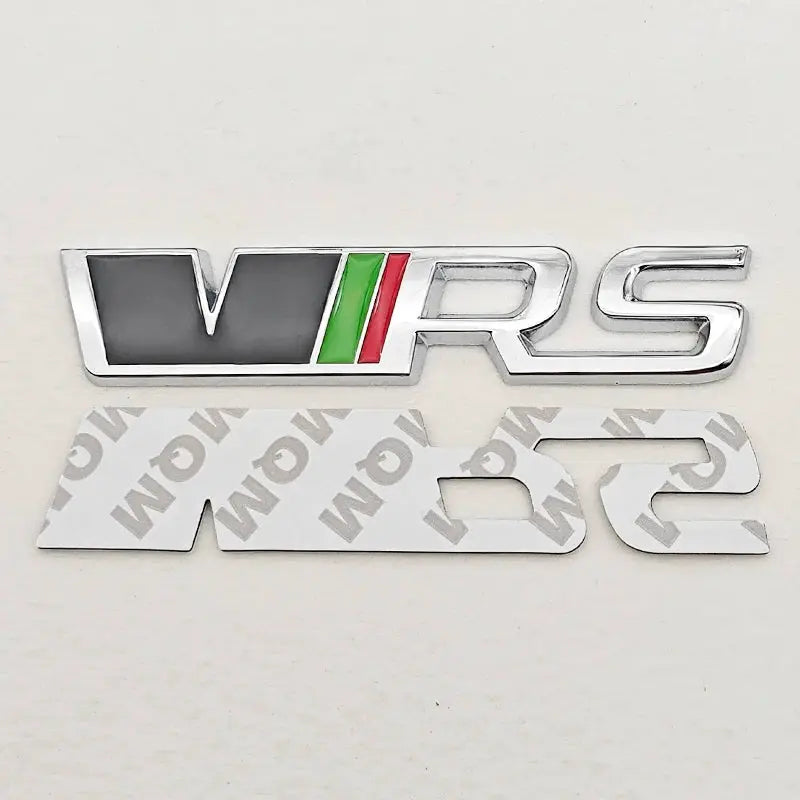 2-piece 3D metal VRS logo badge set for Skoda RS, chrome finish with green and red stripes
