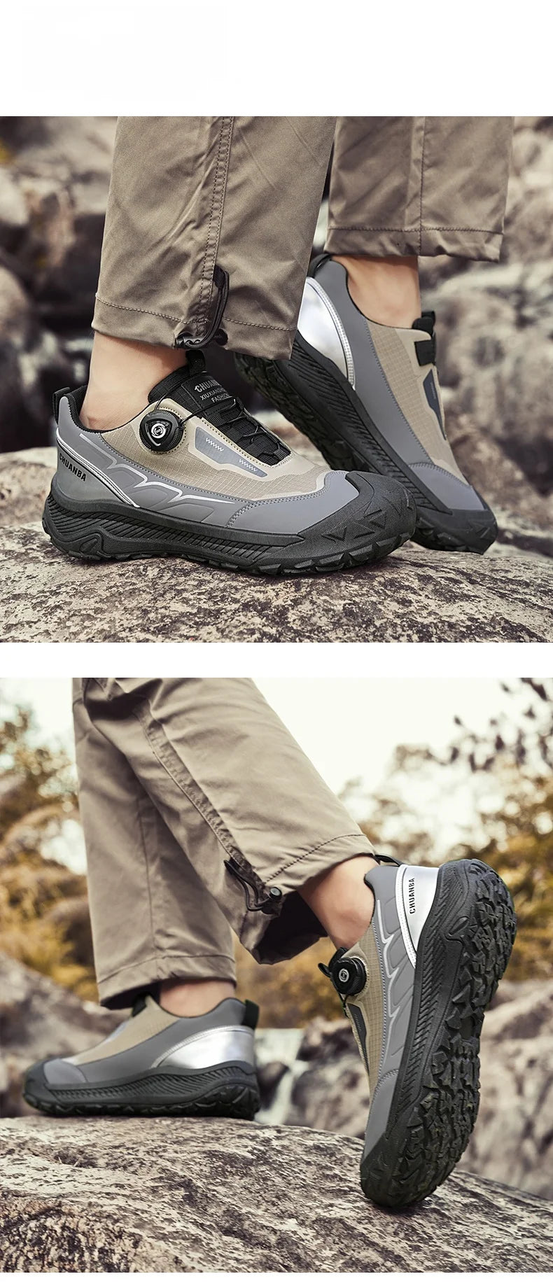 Men's casual sneakers with dial lace closure, grey/khaki upper and rugged black outsole