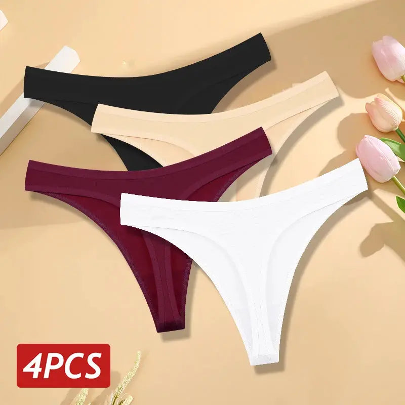 4-piece set of women's cotton seamless low-rise thong underwear in black, beige, burgundy and white with V-waist.