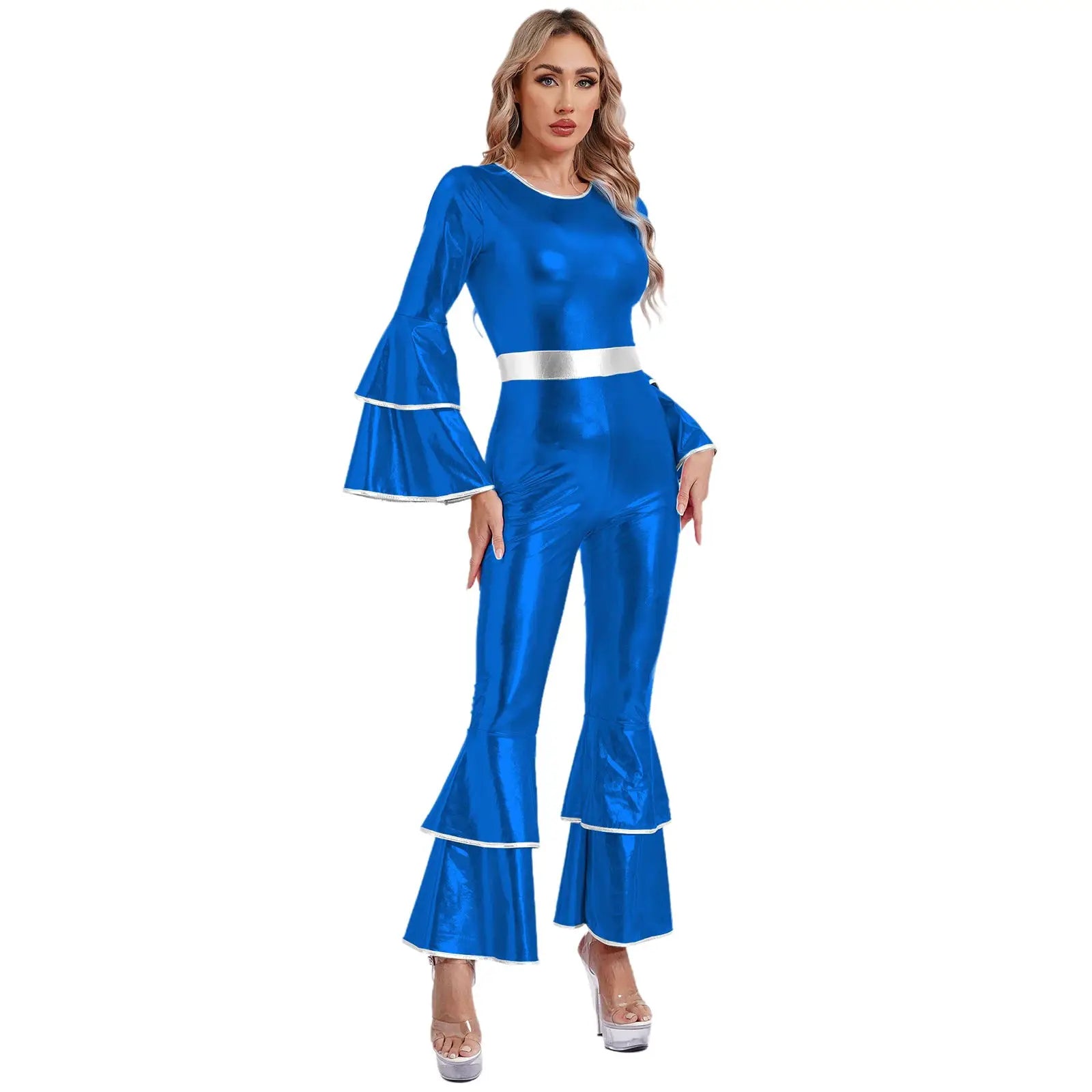 Womens metallic blue disco jumpsuit with flare bell sleeves and wide legs, silver belt by Simples Market