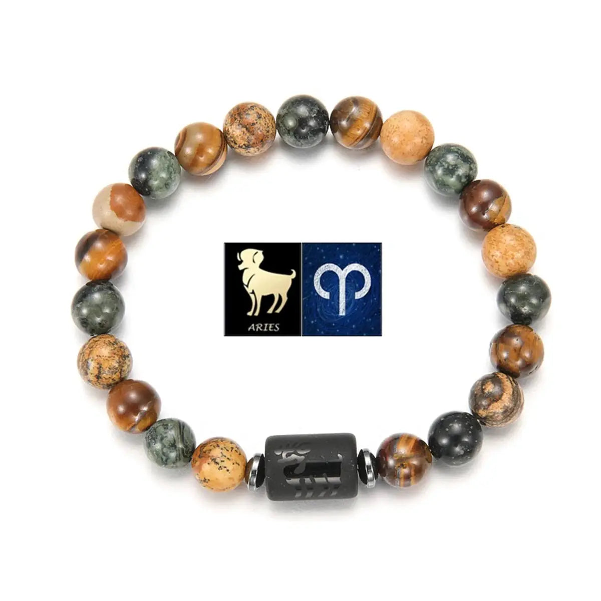 Natural Stone Tiger Eye Picture Jasper Round Beads 12 Constellations Unisex Bracelet
