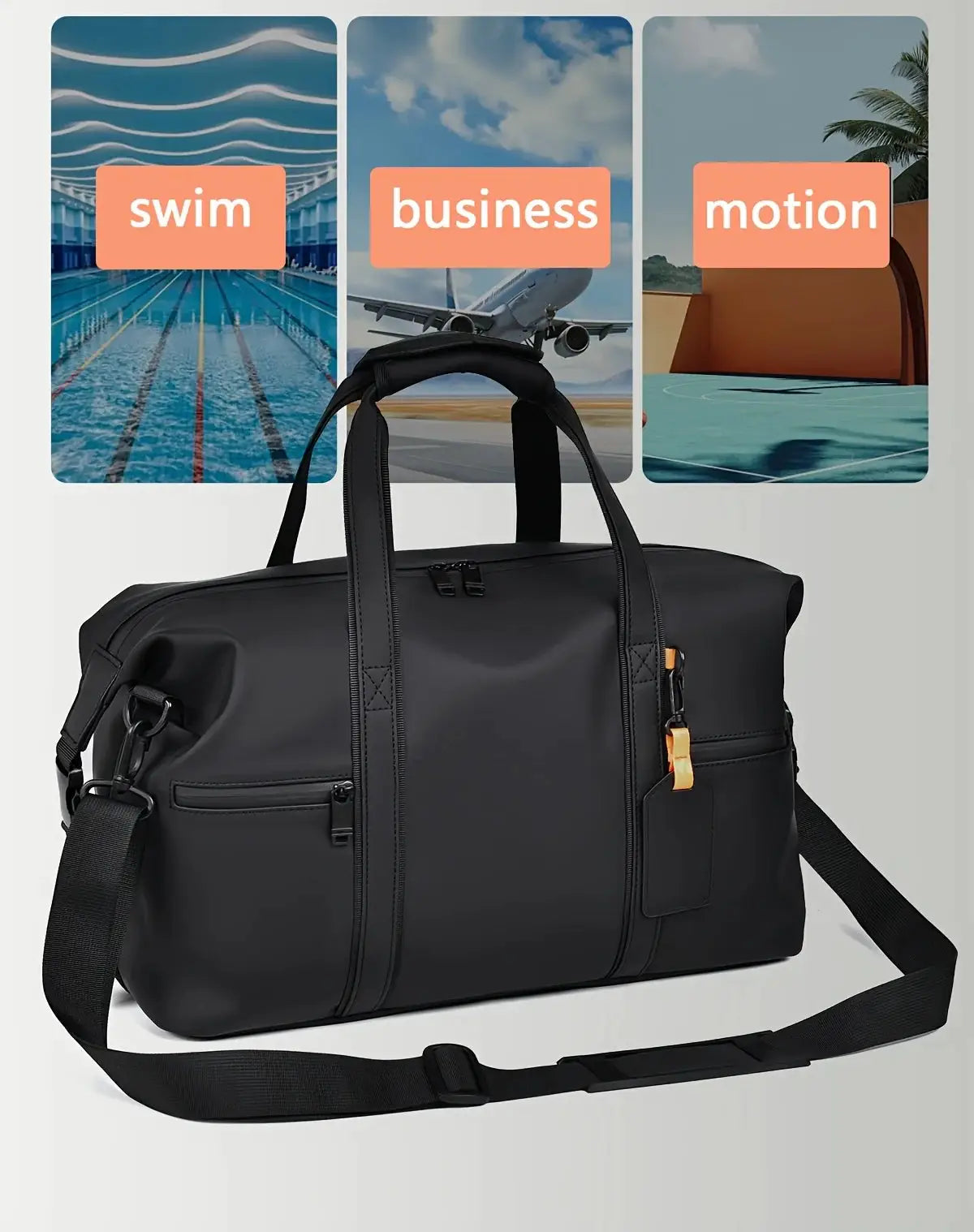 Large Capacity Travel Duffel Bag by Simples Market, black nylon with shoulder strap and front zip pocket.