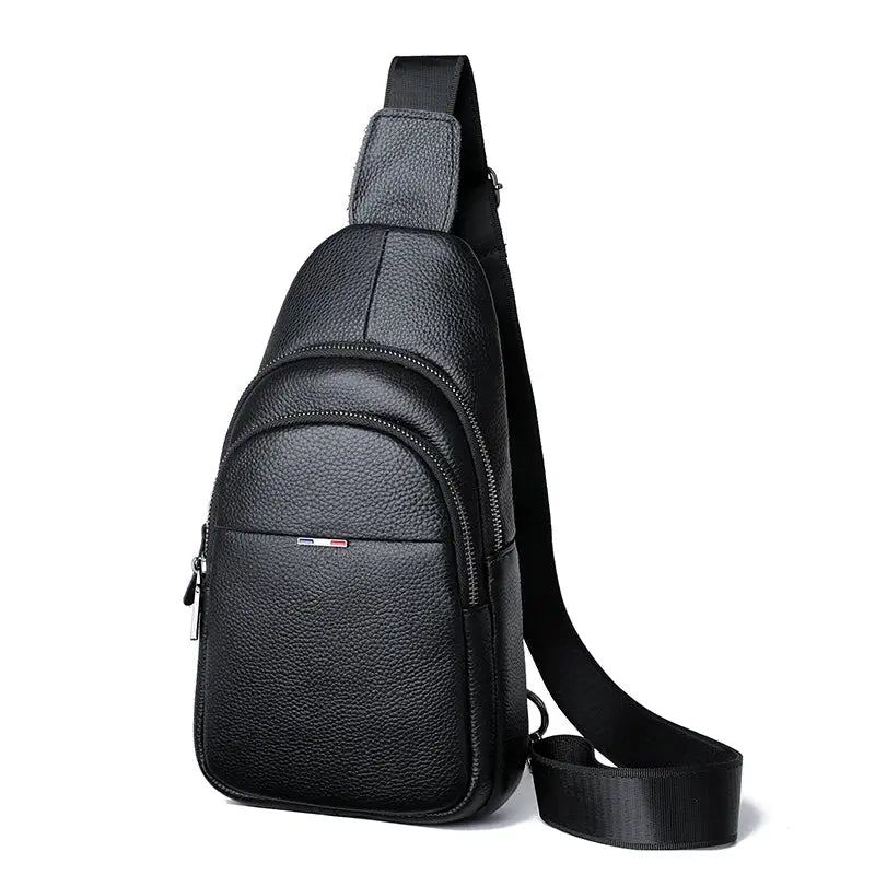 Simples Market black genuine leather crossbody chest bag with front zip pocket and adjustable shoulder strap