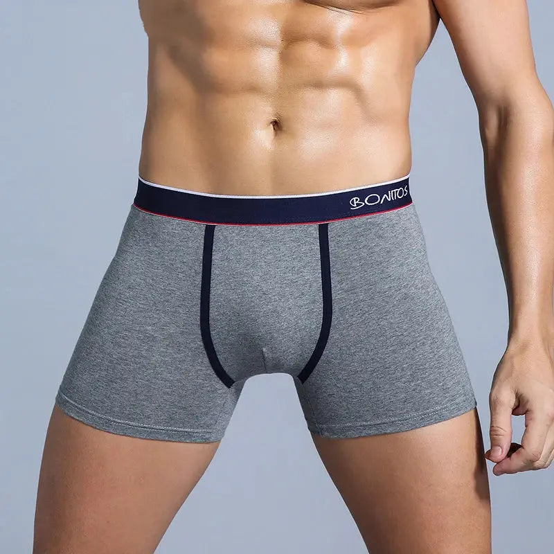 Men's grey cotton boxer briefs with navy trim and BONITOS waistband