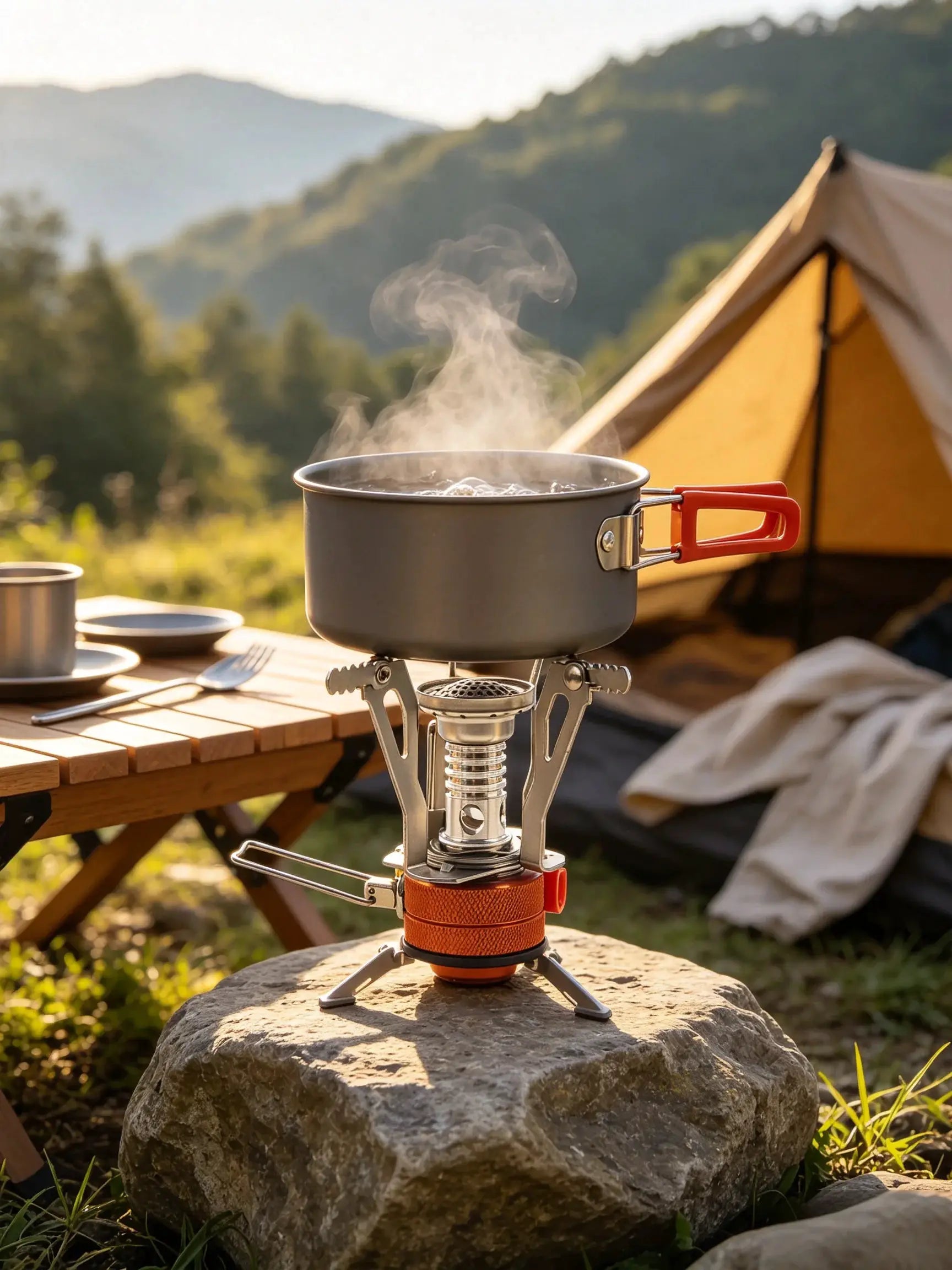 Portable aluminum camping gas stove with gray pot and red handle, outdoors near a tent.