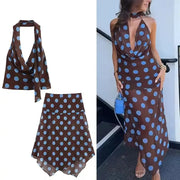 Polka Dot Midi Skirt Two Piece Set for Women Halter Top Beachwear 2026